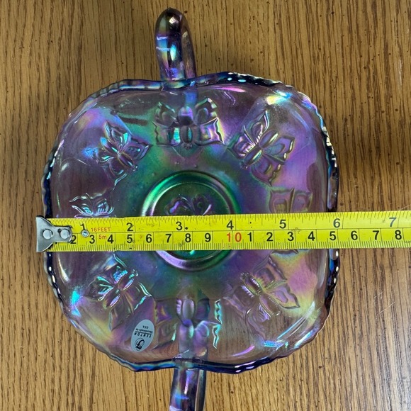 Fenton Iridescent Purple Carnival Glass Candy Dish with Handles Butterfly Rose - Picture 10 of 11